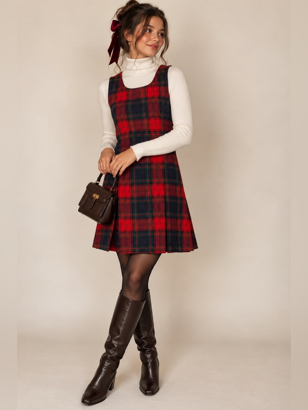 Vintage 90s Tartan Plaid Jumper Dress Academia Christmas Preppy Schoolgirl Sz 4P